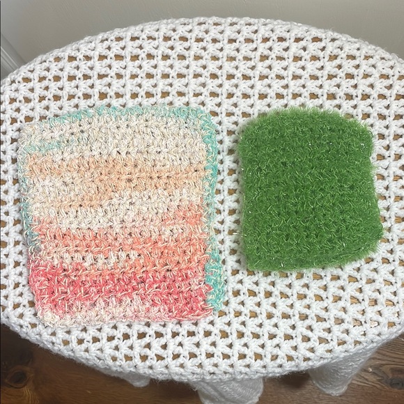 Handmade Scrubby Mitt Wash Cloth Hand Scrubby Exfoliate Green Peach Bathroom - Picture 3 of 17
